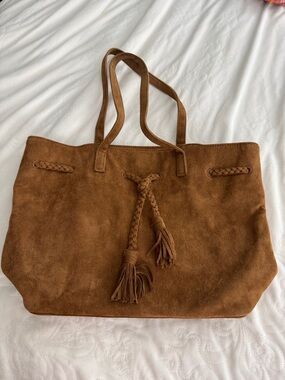 Faux Suede Tassel Tote Bag in Brown